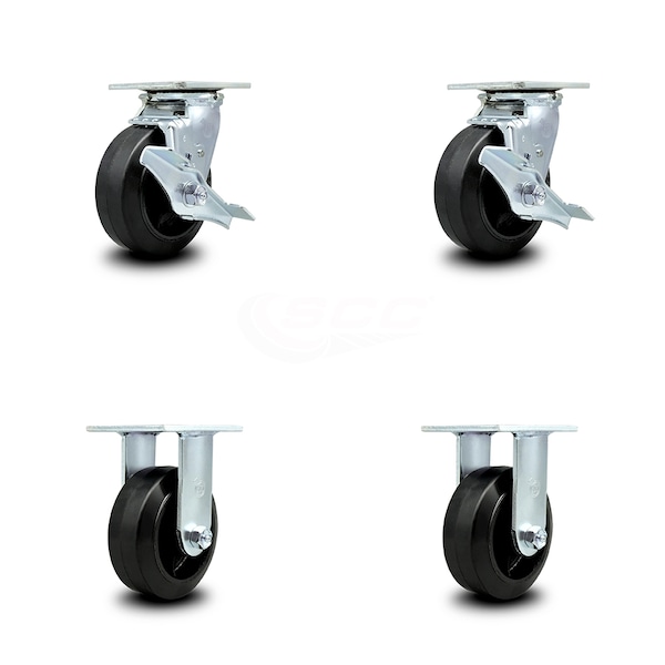 5 Inch Rubber on Steel Caster Set with Roller Bearings 2 Brakes 2 Rigid SCC